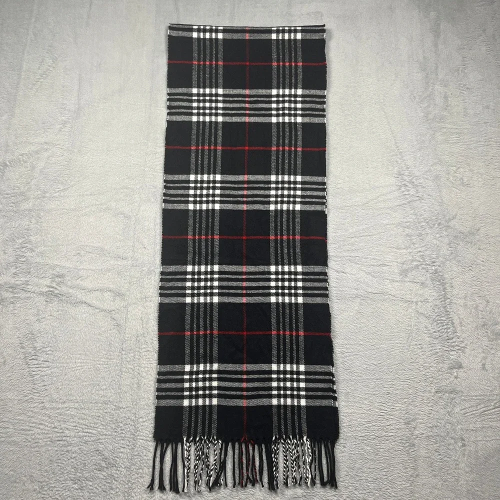 Cashmere Blend Italian Design Plaid Scarf Black Red White Fringe Winter Wrap